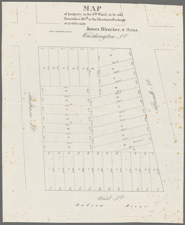 Map of property in the 9th ward, to be sold November 30th at the Merchants Exchange, at 12 o'clock, by James Bleecker & Sons