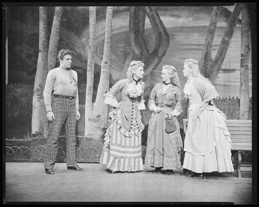 John Raitt as Billy Bigelow, Jean Casto as Mrs. Mullin, Jan Clayton as Julie Jordan, and Jean Darling as Carrie Pipperidge in Carousel