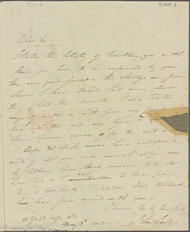 Autograph letter signed from Lawless to Hogg, 3 May 1813; manuscript also contains autograph letter signed from Hogg to Harriet Shelley, 9 May 1813; and an autograph note unsigned from Harriet Shelley to Hogg, 9 May 1813