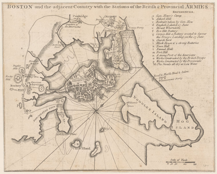 Boston and the adjacent country with the stations of the British & provincial armies