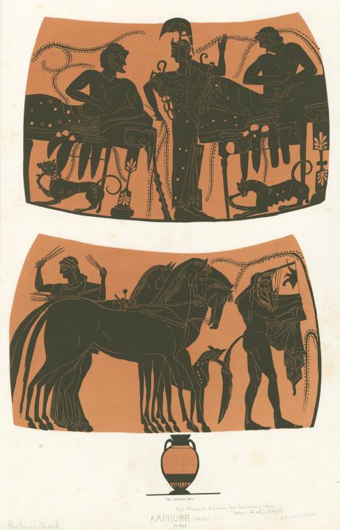 Amphora paintings depicting Athena flanked by two men, and a satyr with horses