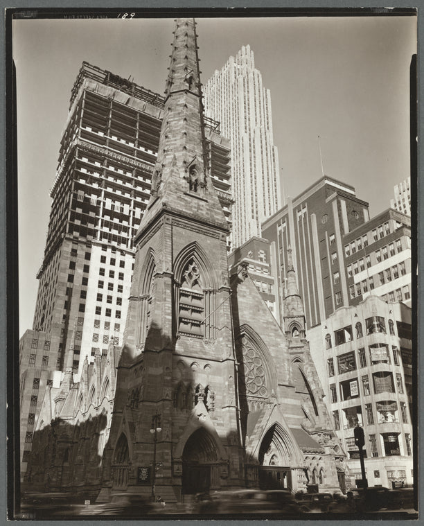Rockefeller Center: Collegiate Church of St. Nicholas in foreground, Fifth Avenue and 48th Street