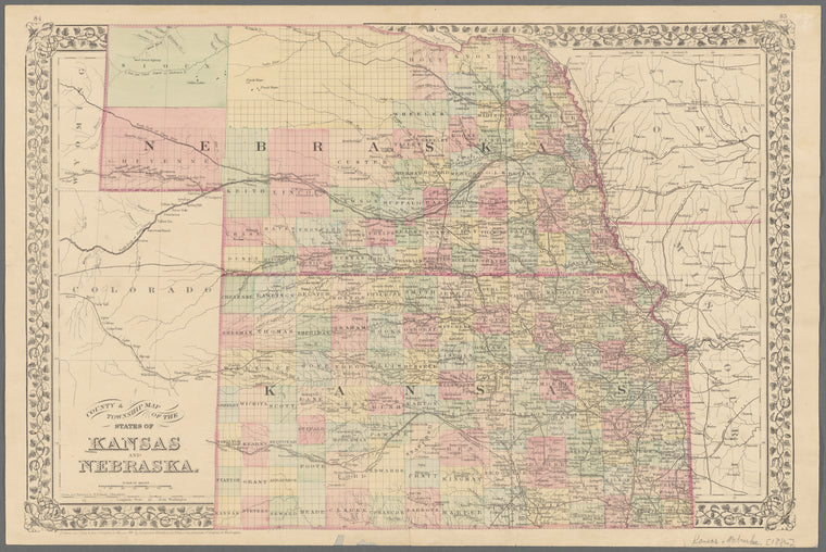 County & township map of the states of Kansas and Nebraska