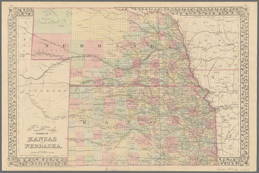 County & township map of the states of Kansas and Nebraska