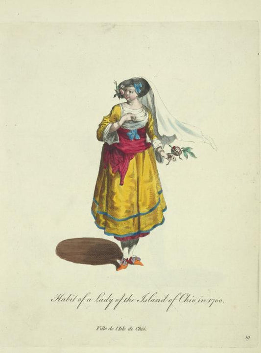 Habit of a lady of the island of Chio in 1700. Fille de l'Isle de Chió in 1700.