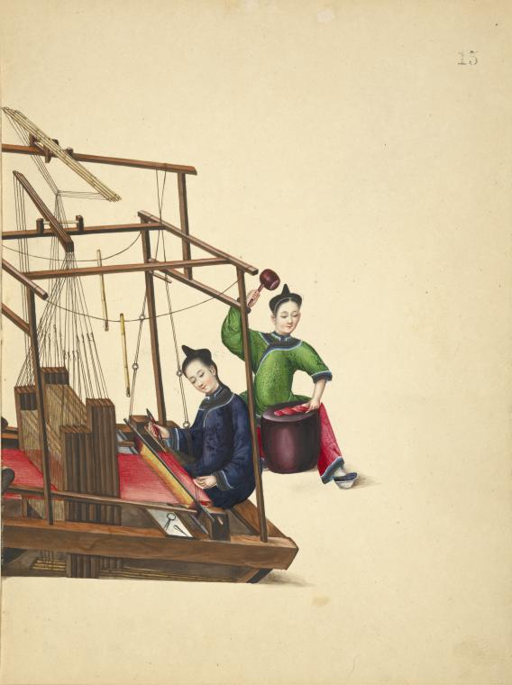 One woman at a large loom, one woman beating a skein of silk with a mallet