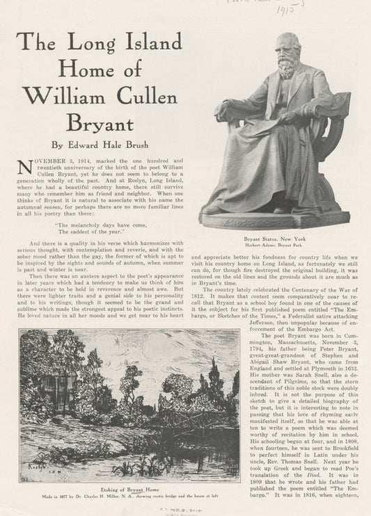 Bryant statue, New York (by Herbert Adams, Bryant Park); Etching of Bryant Home. (The Book News Monthly, 1915, p. [269])