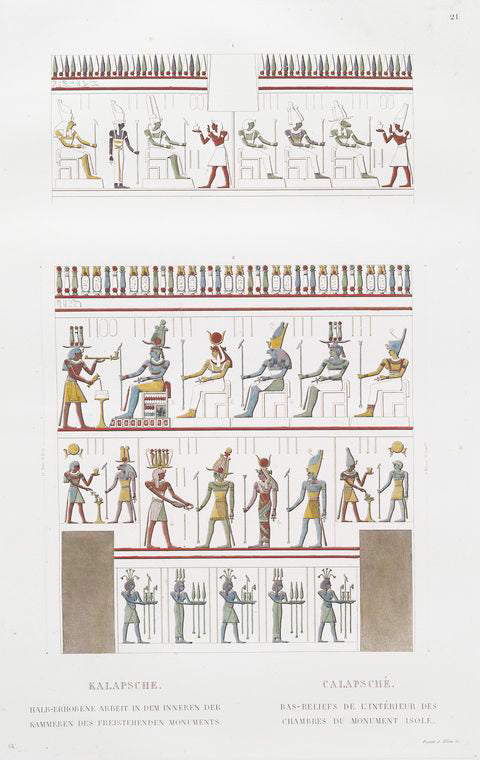 Kalapsche. Halb-erhobene Arbeit in dem inneren der Kammeren des freistehenden Monuments. = Calapsché. Bas-reliefs de l'intérieur des chambres du monument isolé.
