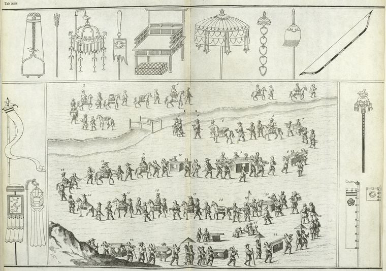 A procession of the Dutch ambassadors;  Japanese ensigns of honour and authority.