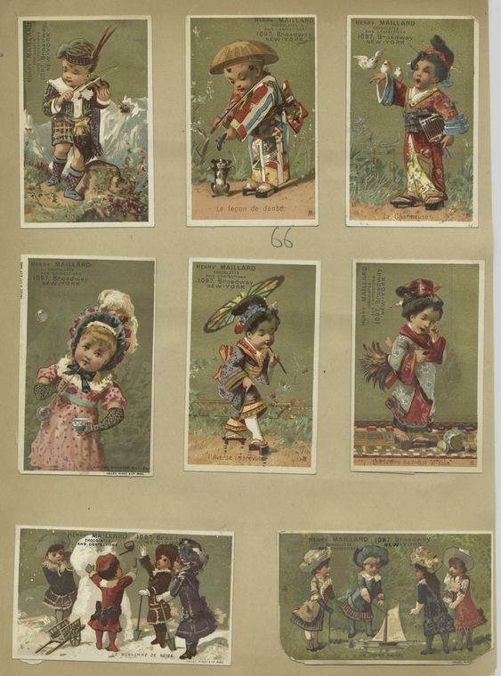 Trade cards depicting birds, a dog, children : in kimonos, with a parasol, breaking a dish, playing the violin, blowing bubbles, making a snowman and playing with a toy boat.