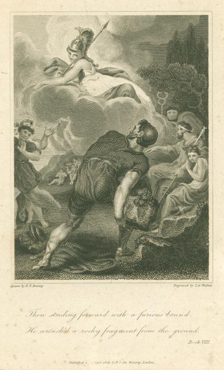 Then striding forward with a furious bound, he wrench'd a rocky fragment from the ground