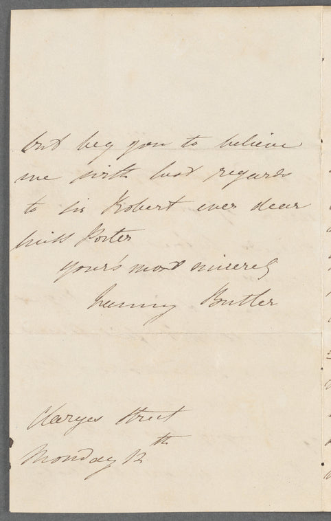 Fanny Kemble to Jane Porter, autograph letter signed