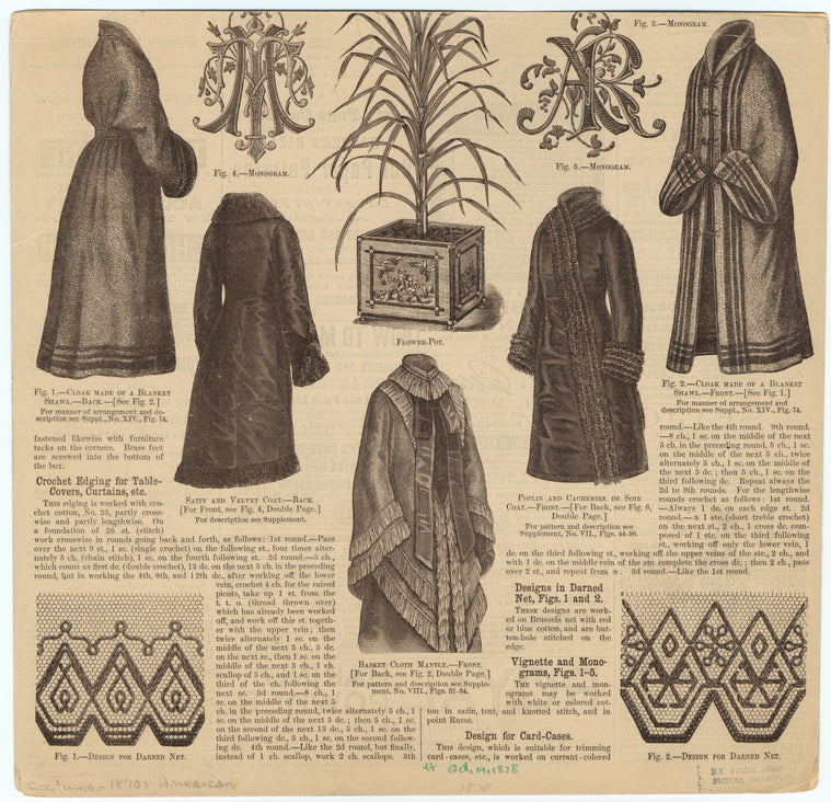 Coats, cloaks, monograms, stitching designs, and flower pot, United States, 1878