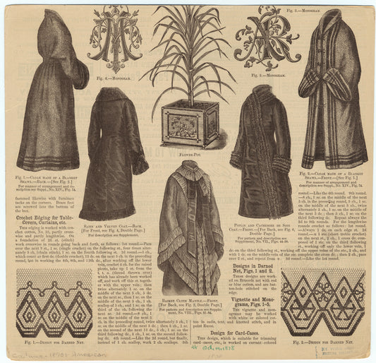 Coats, cloaks, monograms, stitching designs, and flower pot, United States, 1878
