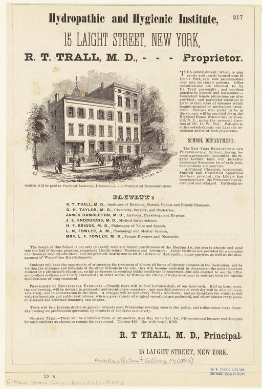 Hydropathic and Hygienic Institute, 15 Laight Street, New York, R.T. Trall, M.D. -- proprietor