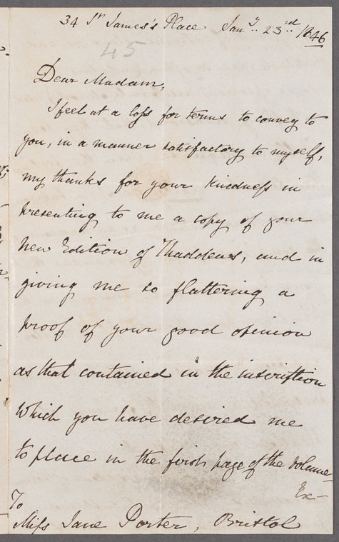 Dudley Coutts Stuart to Jane Porter, autograph letter signed