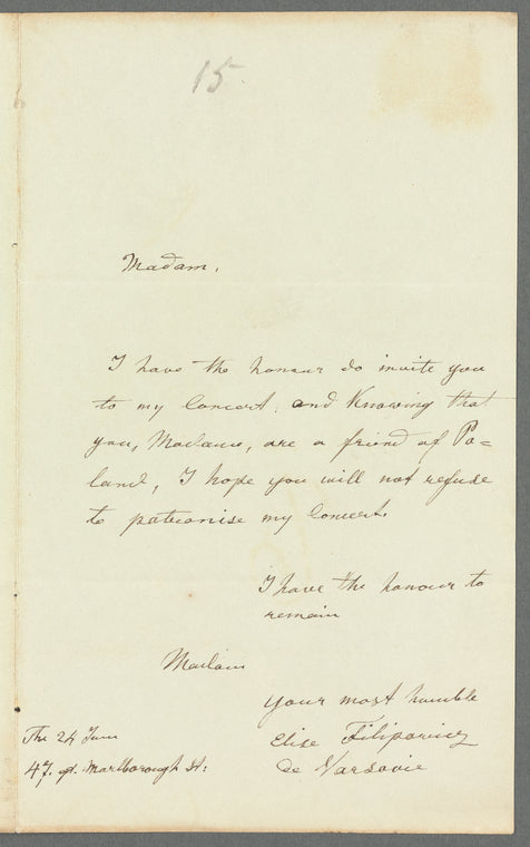 Elise Filipowicz to Jane Porter, autograph letter signed