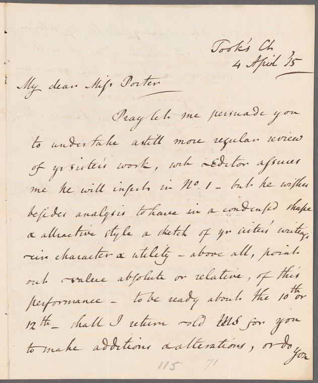 Abraham John Valpy to Miss Porter, autograph letter signed