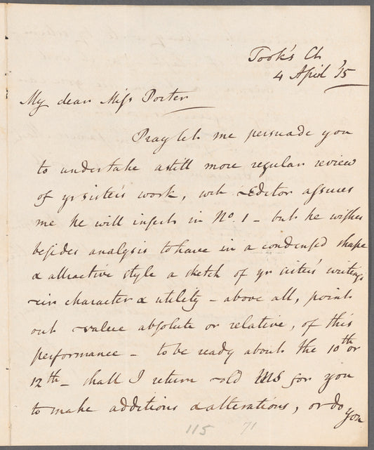 Abraham John Valpy to Miss Porter, autograph letter signed