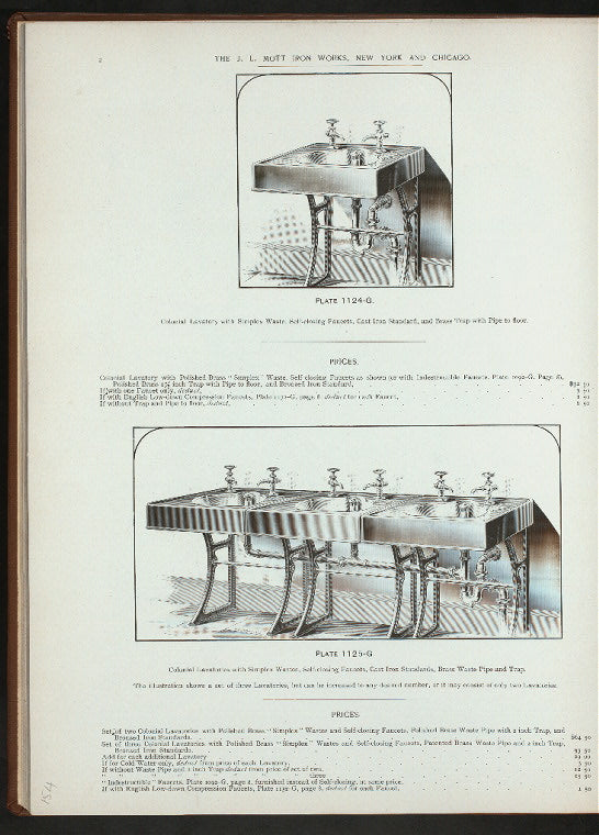 Colonial lavatory with Simplex waste. Plate 1124-G. Plate 1125-G.
