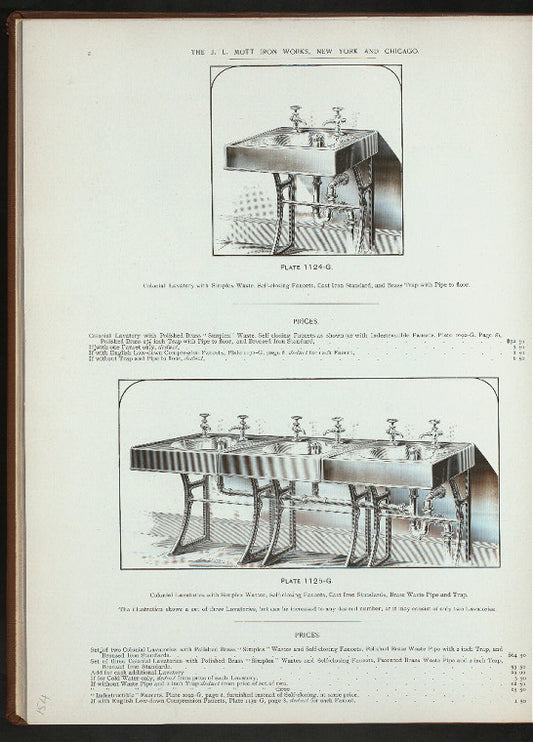 Colonial lavatory with Simplex waste. Plate 1124-G. Plate 1125-G.