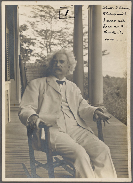 Seven photographs. SLC on a verandah, smoking. Photograph series, "the progress of a moral purpose..." 1 of 7: "Shall I learn to be good? I will sit here and think it over..."