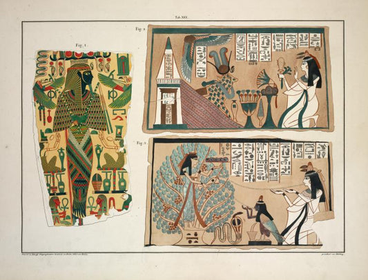 1. Osiris, Isis und Buto; 2. Anbetung der heiligen Kuh der Venus; 3. Menuthis spendet Wasser des Lebens.