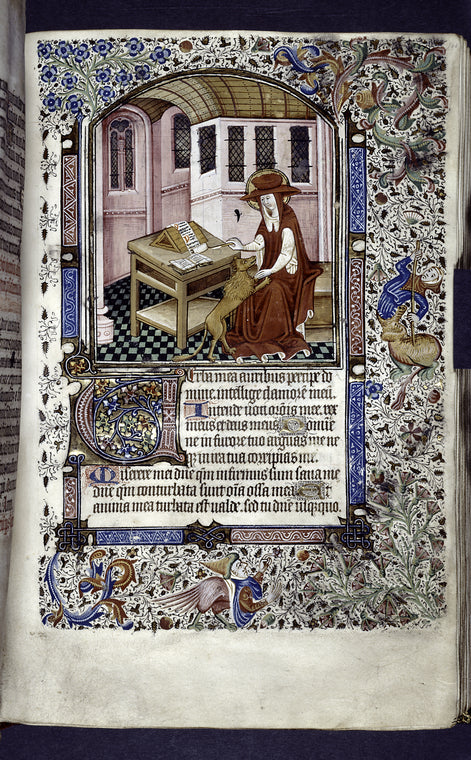Miniature of Jerome writing, dressed as a cardinal, with a lion. With border design, initials, placemarker.