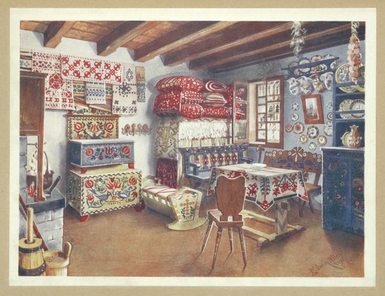 Austro-Hungarian peasant furniture. A living room of today furnished with traditional patterns of (at least) eighteenth-century antiquity.