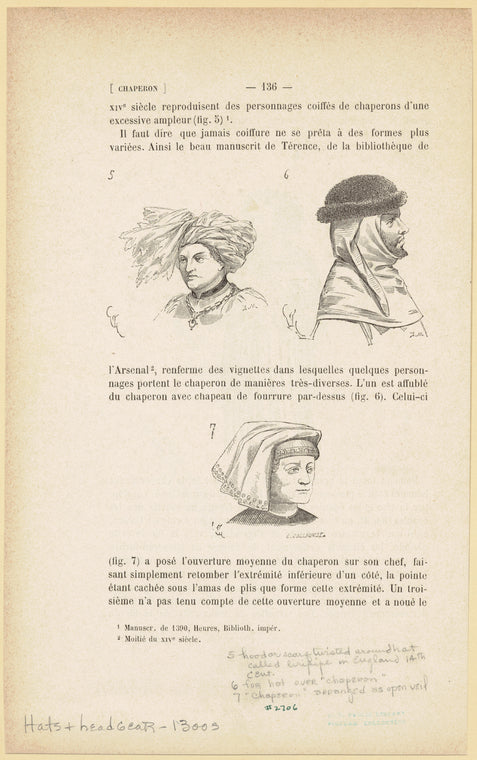 Hood or scarf twisted around hat called liripipe in England 14th cent. ; Fur hat over "chaperon" ; "Chaperon" arranged as open veil