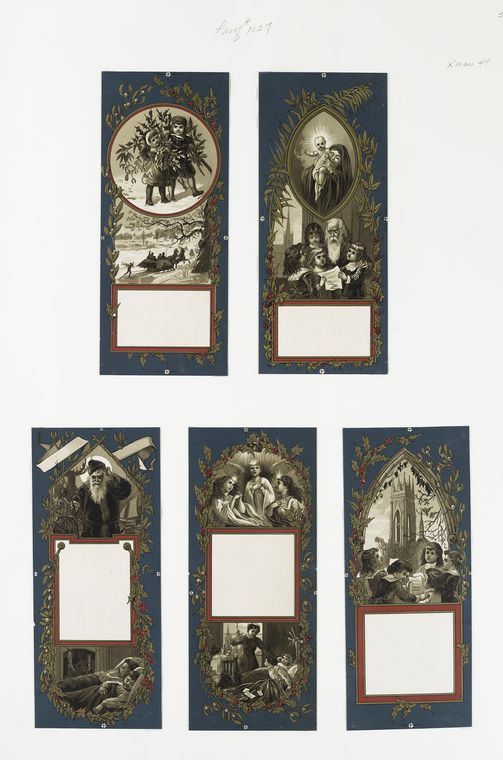 Christmas cards depicting children learning, singing, sleeping ; biblical scenes ; winter scenes