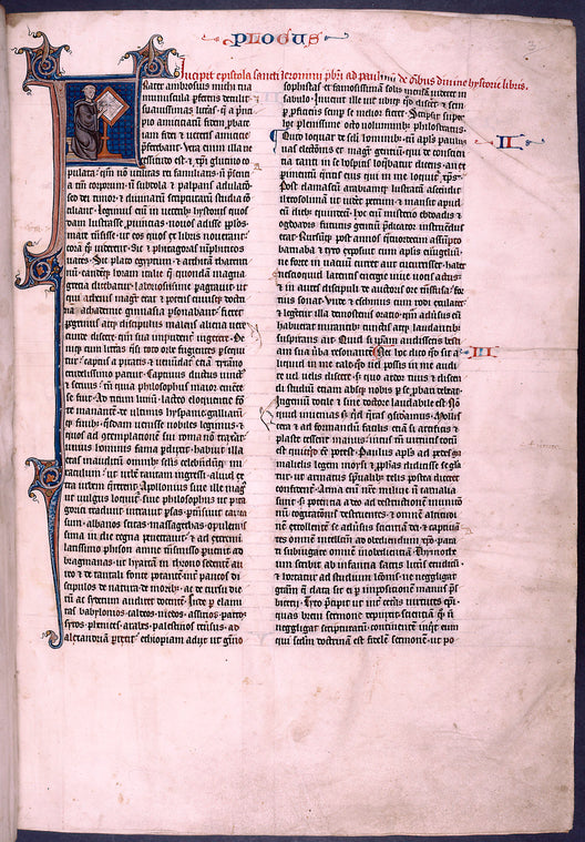 Historiated initial by Hand I showing Jerome as scribe. Manicules in margin as pointers