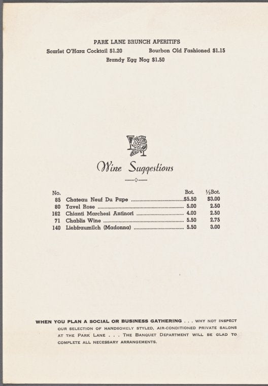 Sunday brunch menu, Park Lane