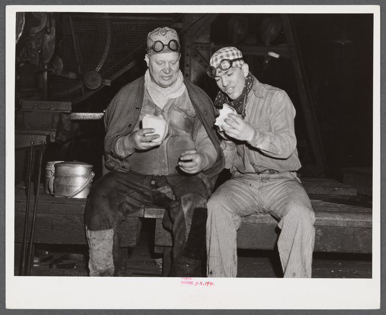 Workers eating lunch, Washington Tin Plate Mill.  Washington State.
