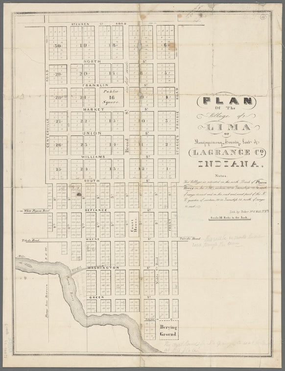 Plan of the village of Lima or Mongoquinong, county seat of Lagrande Co., Indiana