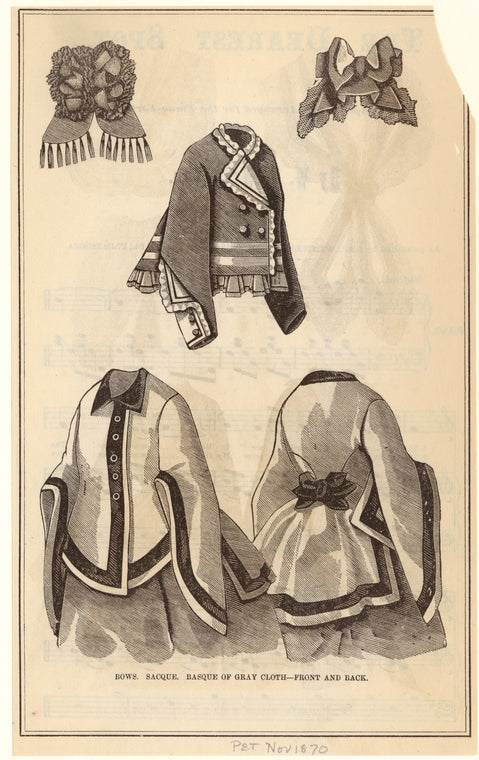 Bows, sacque, basque of gray cloth--front and back