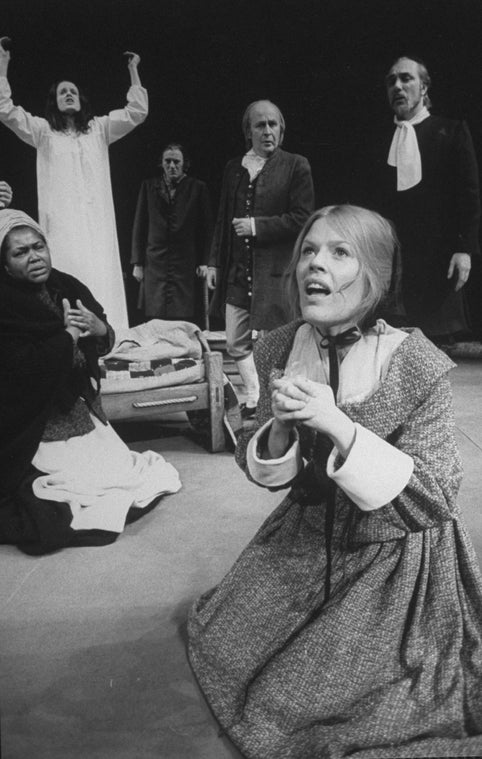 (L-R) Actors Theresa Merritt, Alexandra Stoddart, Sydney Walker, Ben Hammer, Pamela Payton-Wright and Philip Bosco in a scene from the Lincoln Center Repertory revival of the play "The Crucible"