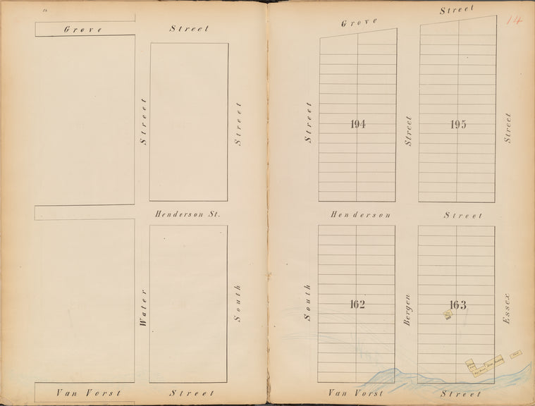 Jersey City, V. 1, Double Page Plate No. 14 [Map bounded by Grove St., Essex St., Van Vorst St., Water St.]