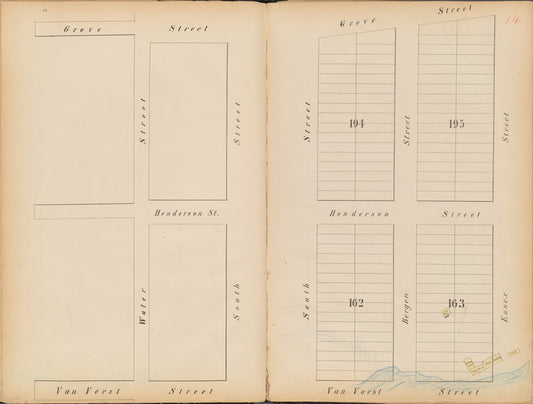 Jersey City, V. 1, Double Page Plate No. 14 [Map bounded by Grove St., Essex St., Van Vorst St., Water St.]