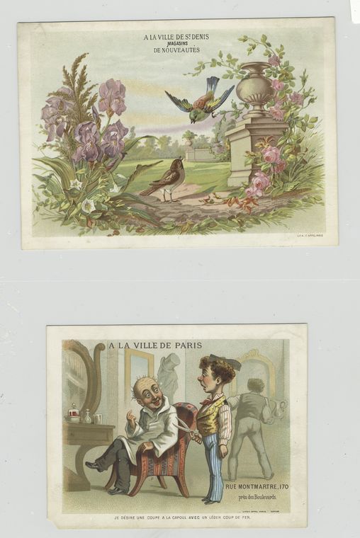 Trade cards depicting birds, flowers, a stone fence with decorative columns, a barbershop, scissors and hair.