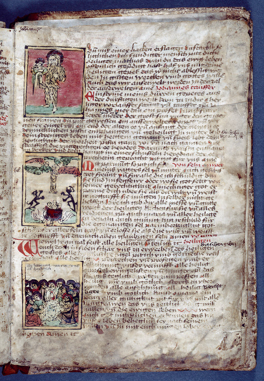 Woodcuts of John the Baptist; a soul rescued from Purgatory by angels, much to the chagrin of 2 black devils; the Virgin and All Saints (same block as for the Pentecost on pp. 10 and 22, here with the dove covered to make the image reusable)