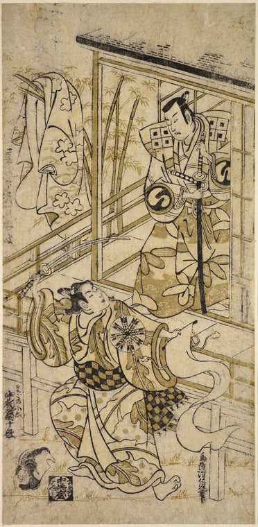 Sawamura Sojuro as a samurai looking out from a house at Nakamura Tomijuro, who, as Mago no Shoko is standing on the ground near the veranda brandishing a sword and holding a banner, while the wig from his disguise lies on the ground