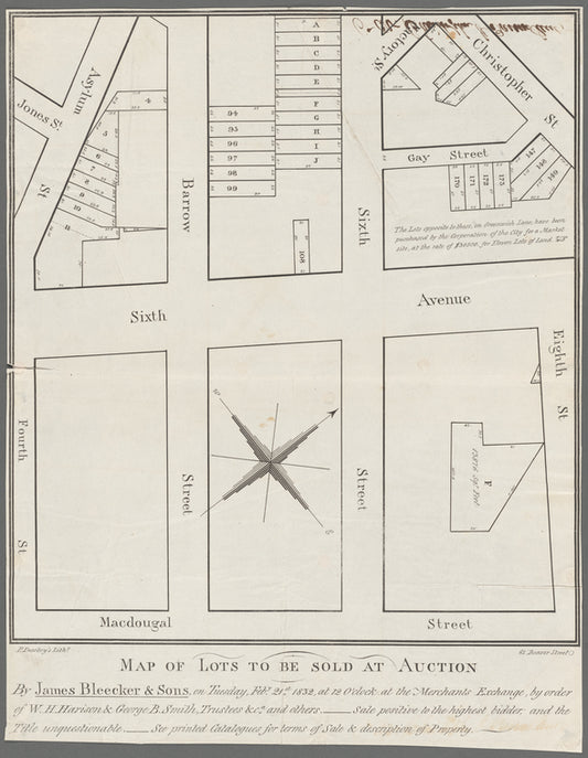Map of lots to be sold at auction by James Bleecker & Sons, on Tuesday, Feby. 21st, 1832, at 12 o'clock at the Merchants Exchange, by order of W.H. Harison & George B. Smith, trustees &ca. and others