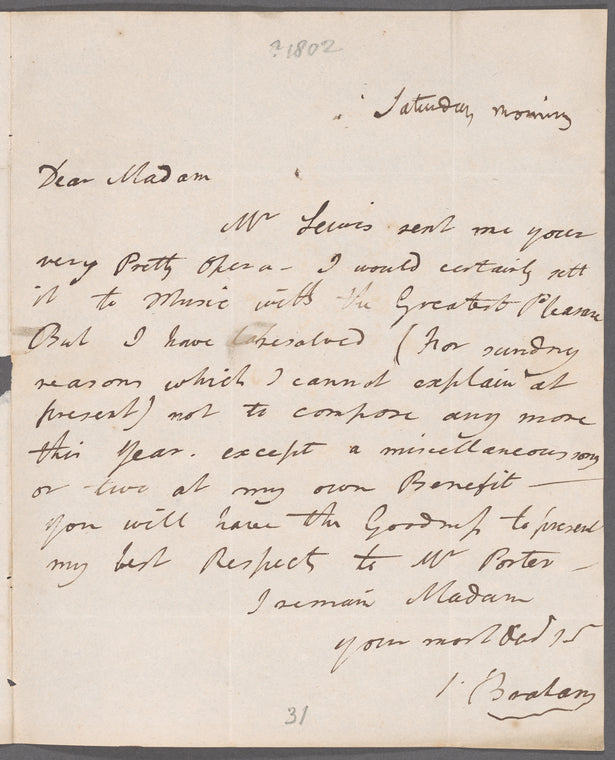 John Braham to Anna Maria Porter, autograph letter signed