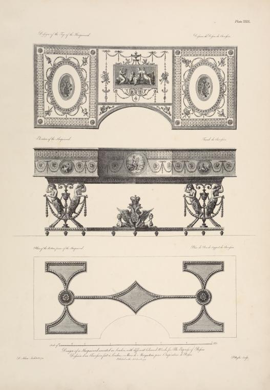 Design for a harpsichord, executed in different coloured [sic] woods for the empress of Russia.