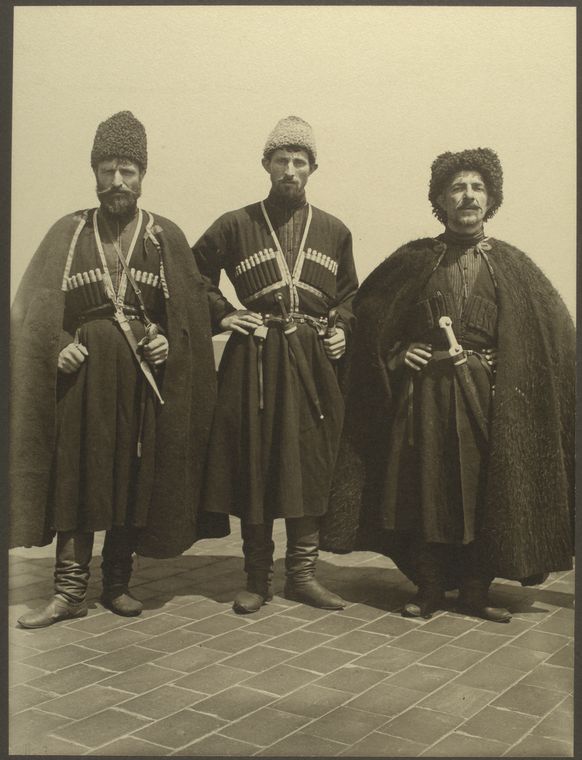 Three horsemen (performers) from the Guria region of western Georgia