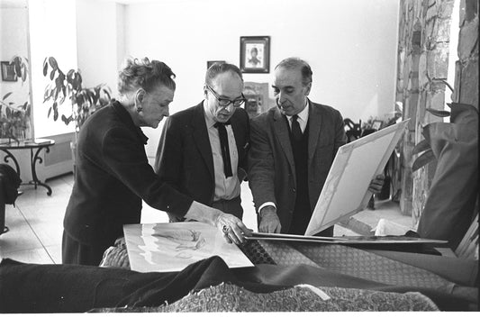 Costumer Barbara Karinska, designer Esteban Francés, choreographer George Balanchine consulting sketches for "Don Quixote"