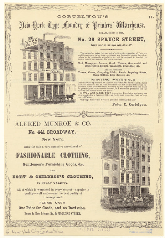 Cortelyou's New York Type foundry & printers' warehouse, established in 1823 ; Alfred Munroe & Co. No. 441 Broadway, New York
