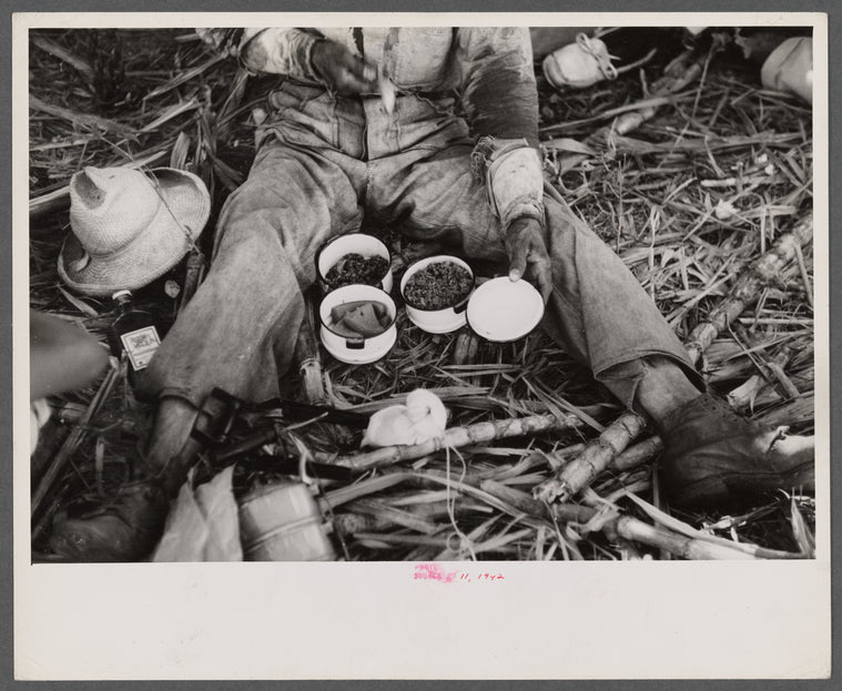Guanica (vicinity), Puerto Rico. Lunch of a sugar worker consisting of rice, beans and papaya. On a plantation.