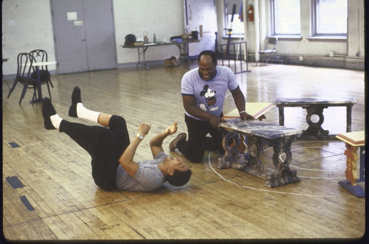 Actors (L-R) Gregory Hines and John Amos in a rehearsal shot from the New York Shakespeare Festival production of the play "Twelfth Night" at the Delacorte Theater in Central Park. (New York)